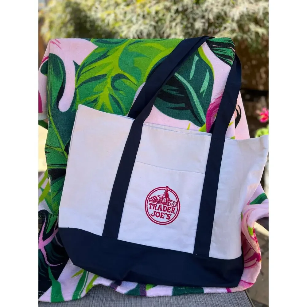 Trader Joe's Large Cotton Canvas Tote Navy Reusable Market Bag Pockets NWT
